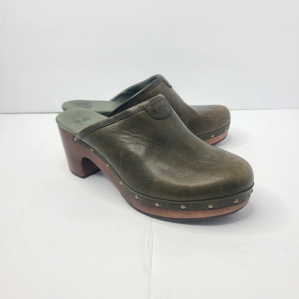 UGG Distressed Olive Green Leather Wooden Clogs Mules Heels Studded Y2K Boho 8